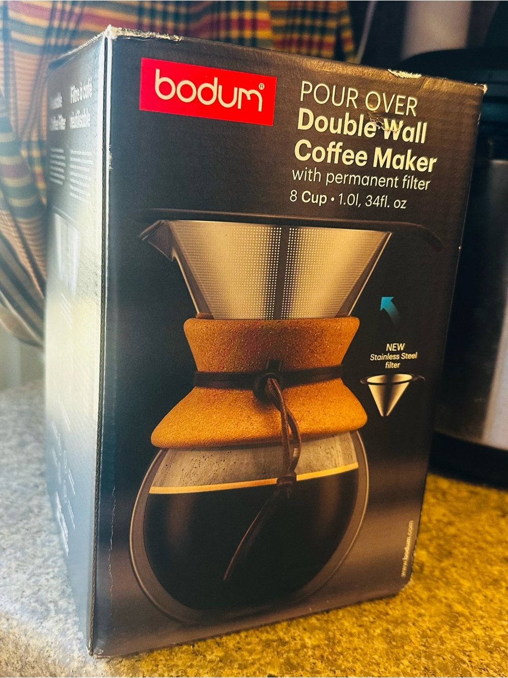 Bodum Pour Over Coffee Maker with Tan Cork Collar and Black Glass